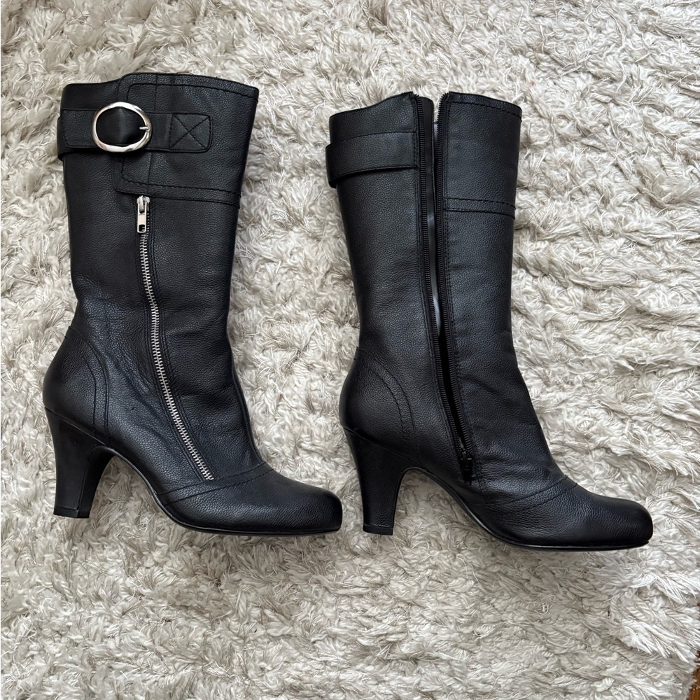 Steve Madden Equal calf height heeled leather boots rounded toe side zip NEW